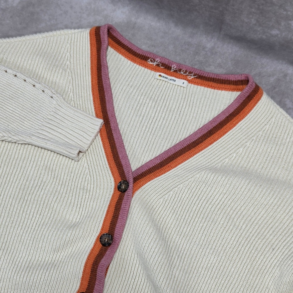 Marine Layer Oh Hey Robin Stripe Trim Cardigan Sweater Cream Merino Blend Sz S